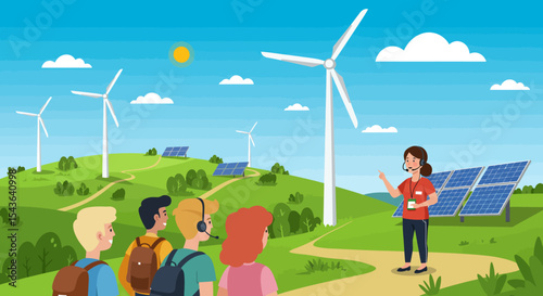 A group of tourists are being guided through a renewable energy park with solar panels and wind turbines.