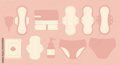 Illustration showcasing various feminine hygiene products, including pads and cups.