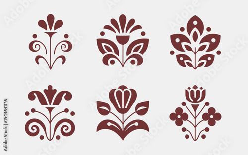 Floral motifs are arranged in a symmetrical pattern, showcasing a variety of decorative designs with intricate petal and leaf shapes