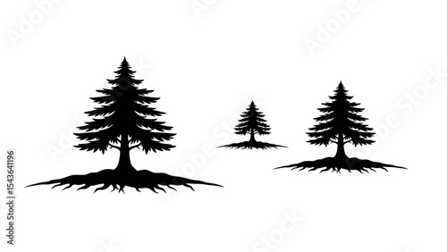 Silhouette of pine trees in a scenic forest landscape, suitable for nature artwork, hiking posters, camping themes, and outdoor wilderness illustrations.
