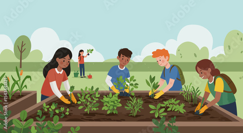 Children collaboratively plant seedlings in a community garden, fostering teamwork and environmental stewardship.