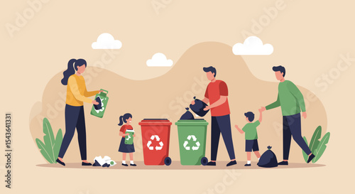 Family actively participates in recycling program, sorting waste into designated bins.