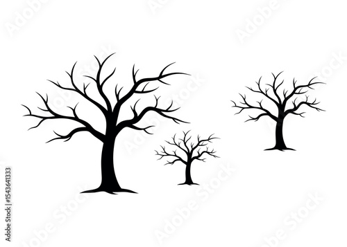 Silhouette of leafless trees, perfect for winter, autumn, or eerie themes, used in nature artwork, seasonal backgrounds, and spooky concepts.