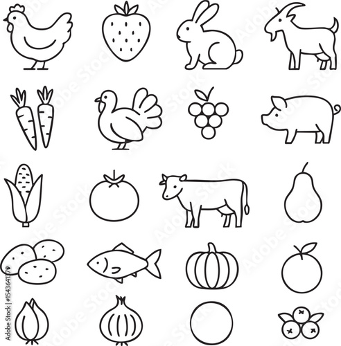A set of illustrated icons featuring farm animals and a variety of vegetables in a cohesive design.