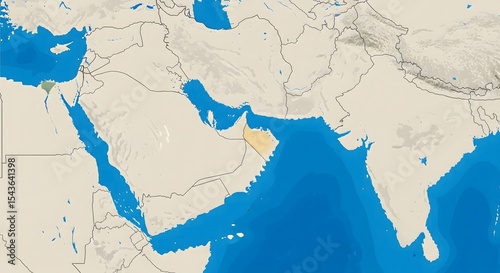 Color-coded land and ocean map focused on the Strait of Hormuz region in flat political map style with no text or country names, clean visual layout