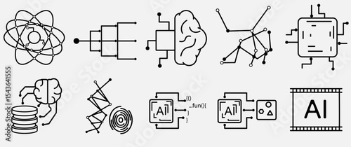 Artificial Intelligence and Neural Network black Icon Set. AI, Data and Technology Concepts