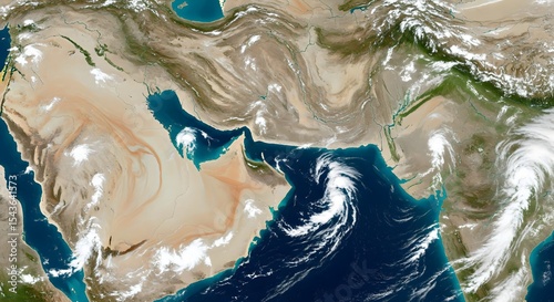 Weather radar style map centered on the Strait of Hormuz featuring cloud textures, ocean color depth, and natural land features, no text or labels