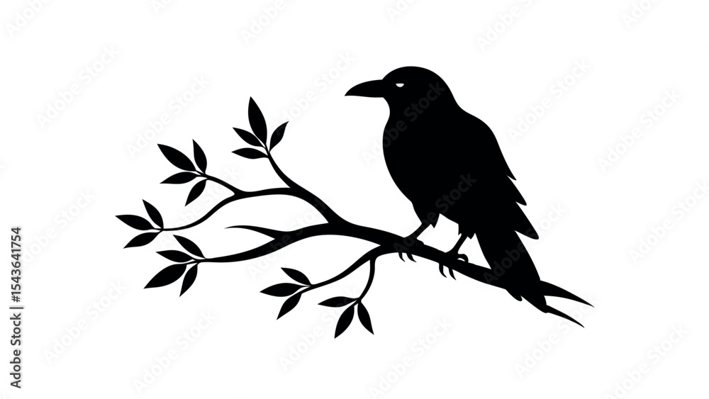 Fototapeta premium Silhouette of a crow perched on a tree branch, suitable for spooky designs, nature themes, gothic art, Halloween illustrations, and dark forest aesthetics.