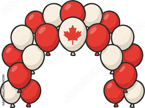 Festive balloon arch decorated with Canadian flags for celebration in a community event