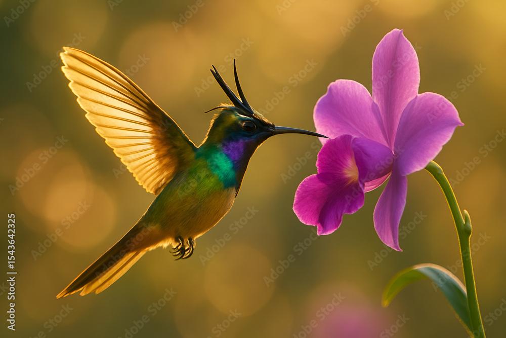 Fototapeta premium Hummingbird in Golden Light Sipping Nectar