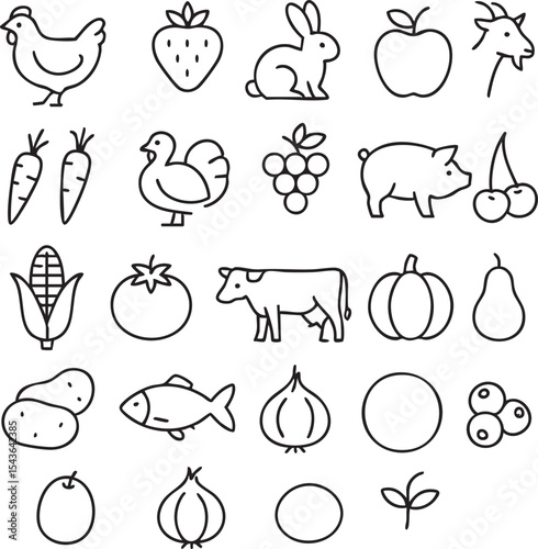 A set of illustrated icons featuring farm animals and a variety of vegetables in a cohesive design.