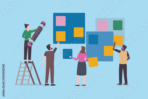 Creative Team Brainstorming and Planning with Sticky Notes on a Wall Diverse Group Working Together on Strategy and Ideas