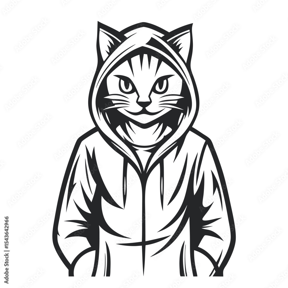 Obraz premium Vector Illustration: Stylish Cat Character in Hoodie. Black and White Graphic Design for Prints, Stickers, and Apparel with Hooded Animal, Line Art Detail.