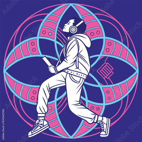 Cartoon vector illustration of an American football player, fan, and poster design featuring a woman