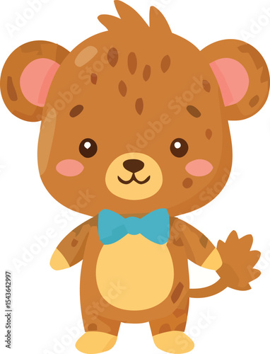 Cartoon Spotted Hyena Cub with Blue Bowtie and Pink Cheeks Illustration.