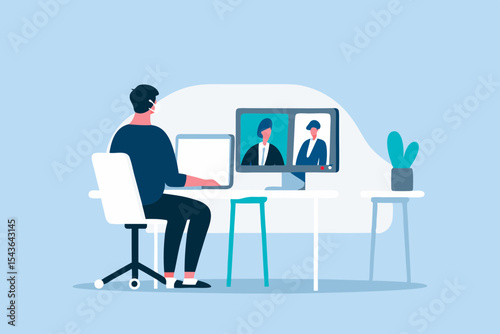 Man Wearing Mask Teleconferencing From Home Office During Pandemic Virtual Meeting with Colleagues Remote Work and Social Distancing