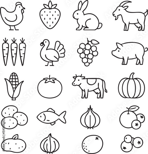 A set of illustrated icons featuring farm animals and a variety of vegetables in a cohesive design.