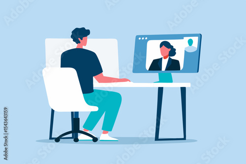 Man in a Video Call with a Businesswoman Online Meeting Remote Work Teleconference Business Communication Vector Illustration