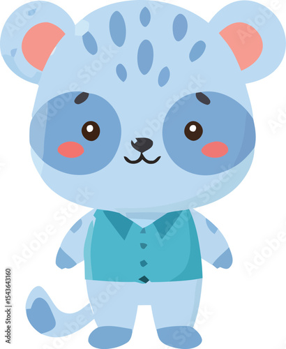 Cartoonish blue animal character with pink cheeks and a teal vest.