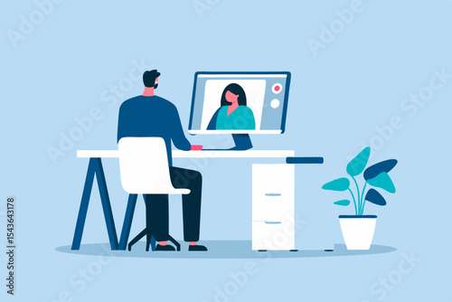 Man in Video Conference with Woman on Computer Remote Work and Communication Vector Illustration