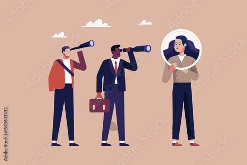 Business Vision and Perspective Diverse Team Looking Ahead with Telescopes and a Different Viewpoint Future Opportunities and Leadership