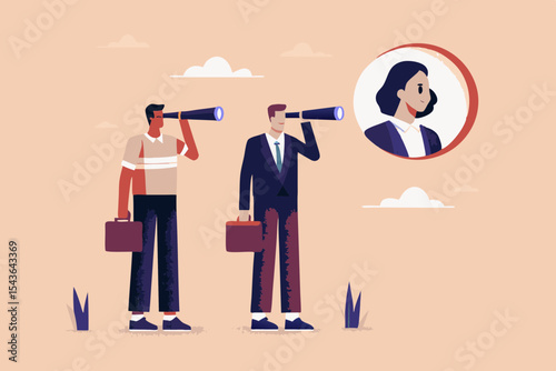 Businessmen Looking Through Telescopes for Talent Opportunity and Future Success with a Potential Female Candidate Displayed in the Sky