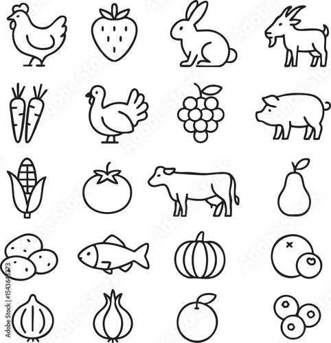 A set of illustrated icons featuring farm animals and a variety of vegetables in a cohesive design.