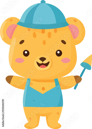 Cheerful Cartoon Bear in Blue Overalls and Hat Holding a Shovel.