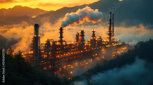 Industrial complex at dawn, smoke plumes