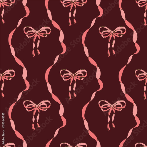 Coquette Bows, Vintage ribbon seamless Pattern. Pink red satin bow knots Damask Print for Valentine