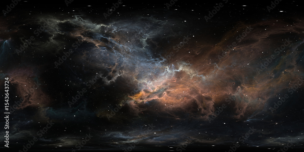 Fototapeta premium 360 degree space nebula. Giant interstellar cloud with stars, equirectangular projection, environment map. Spherical panorama. 3D rendering, Fractal image