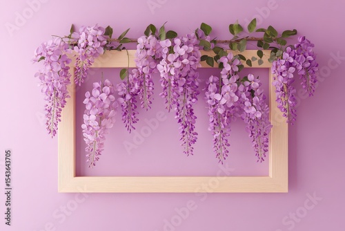 Delicate wisteria blossoms in a light beige frame against a soft purple background.
