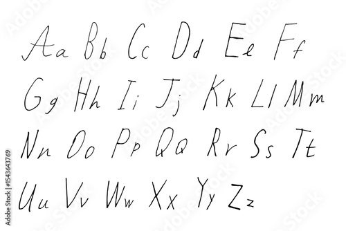Alphabet is handwritten in black pen scrawl on white background. Doodle style English letters are uppercase and small in primitive style.
