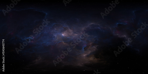 Fototapeta Naklejka Na Ścianę i Meble -  360 degree space nebula. Giant interstellar cloud with stars, equirectangular projection, environment map. Spherical panorama. 3D rendering, Fractal image