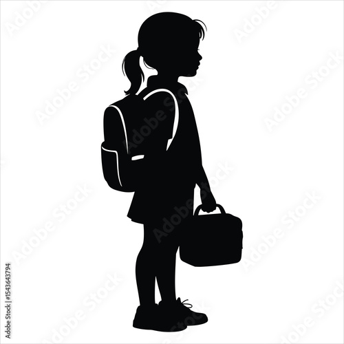 Girl Standing with School Bag and Lunchbox on white background