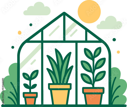 Greenhouse with potted plants and sun. Green and yellow design
