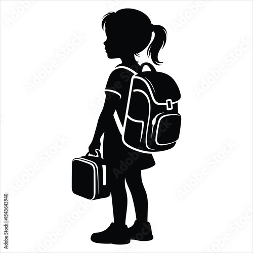 Girl Standing with School Bag and Lunchbox on white background