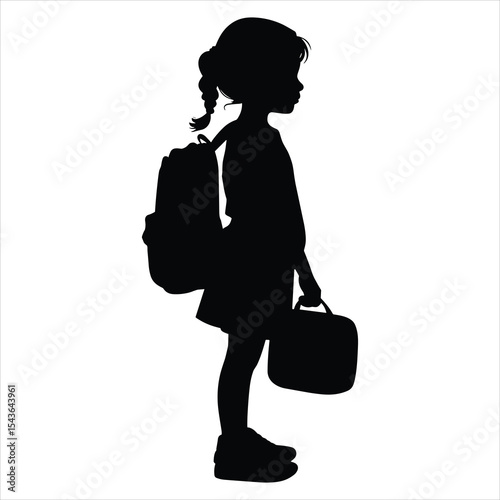 Girl Standing with School Bag and Lunchbox on white background