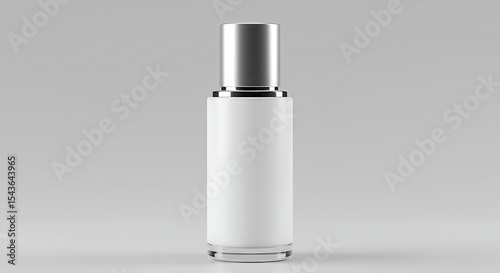 white minimalist cosmetics bottle, cosmetic product packaging, glass bottle with silver cap, 3d render, product photography, studio lighting, clean simple design
