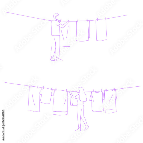 person hanging laundry lineart illustration