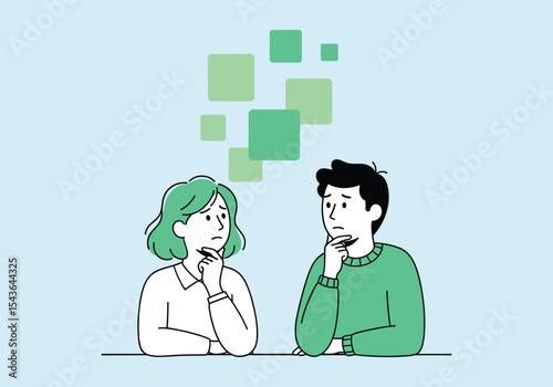 Confused Couple or Colleagues Thinking and Problem Solving.  Hand drawn style vector design illustrations.