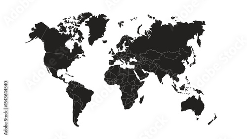 Minimalist Black World Map Vector with Country Borders for PowerPoint and Infographics.