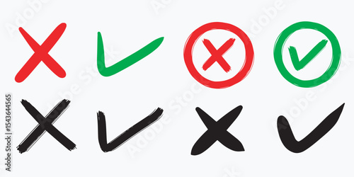 Check mark icon button set. checkmark icons in green tick and red cross. Isolated checkmark symbol, right and wrong sign concept.