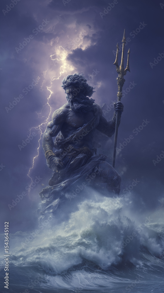 Poseidon rises from stormy sea holding golden trident Poseidon rises from stormy sea holding golden trident