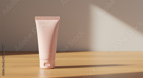 cream pink cosmetic tube, cylindrical container, glass surface, natural lighting, minimalist composition, beauty product, skincare item
