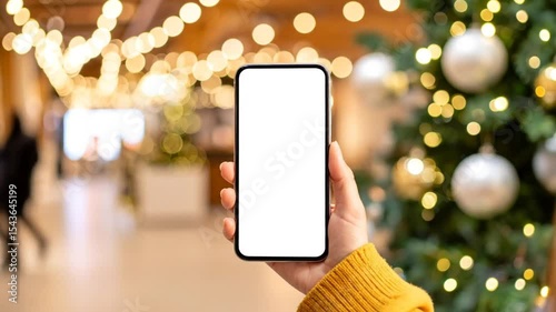 Woman holds phone with blank screen near decorated Christmas tree, festive mood