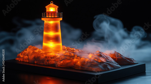 Miniature illuminated lighthouse on rocky outcrop, shrouded in fog