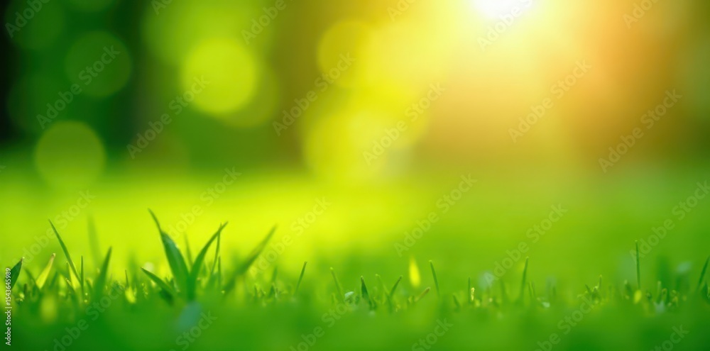 Obraz premium Sunlit green grass bokeh background, soft focus , landscape, outdoor, leaves