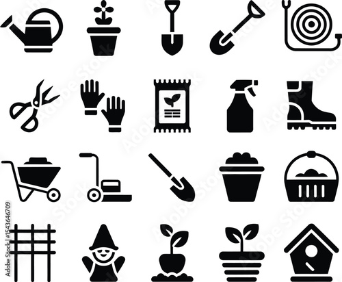 Gardening tools and plants icon set