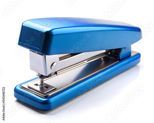 A blue stapler is isolated on white background, a common office tool used for fastening papers together